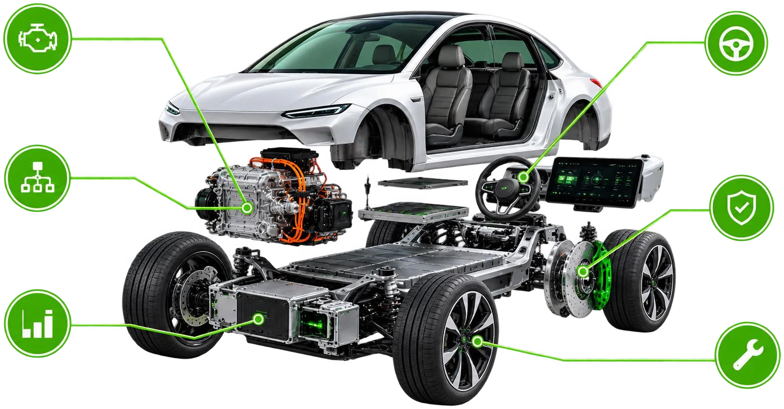Coche despiezado: motor, chasis y transmisión, volante, frenos, sensores y mantenimiento, cada pieza señalada con su icono